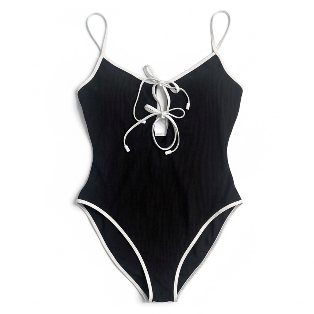 Sanctuary Black Ribbed One Piece Swimsuit White Trim Size M NWOT